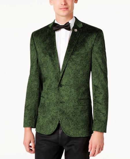 Men’s Olive Green Paisley Velvet Blazer, Formal Jacquard Sport Coat for Weddings, Prom and Parties