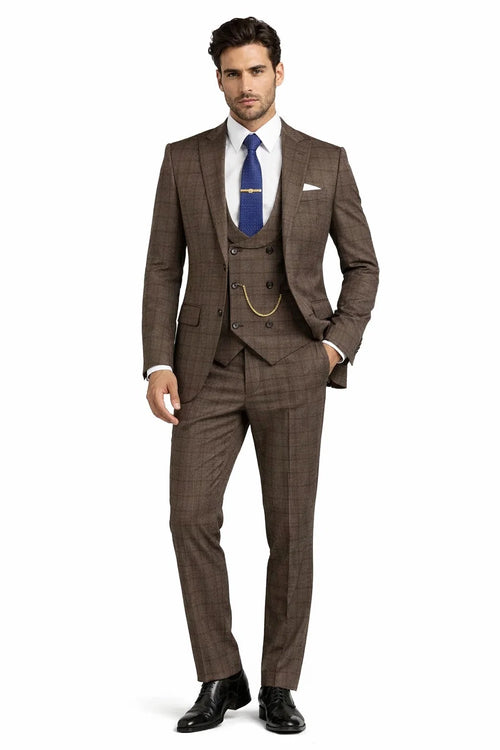 Men’s Brown 3-Piece Slim Fit Suit – 2 Button Peak Lapel Jacket with Double Breasted Vest & Flat Front Pants