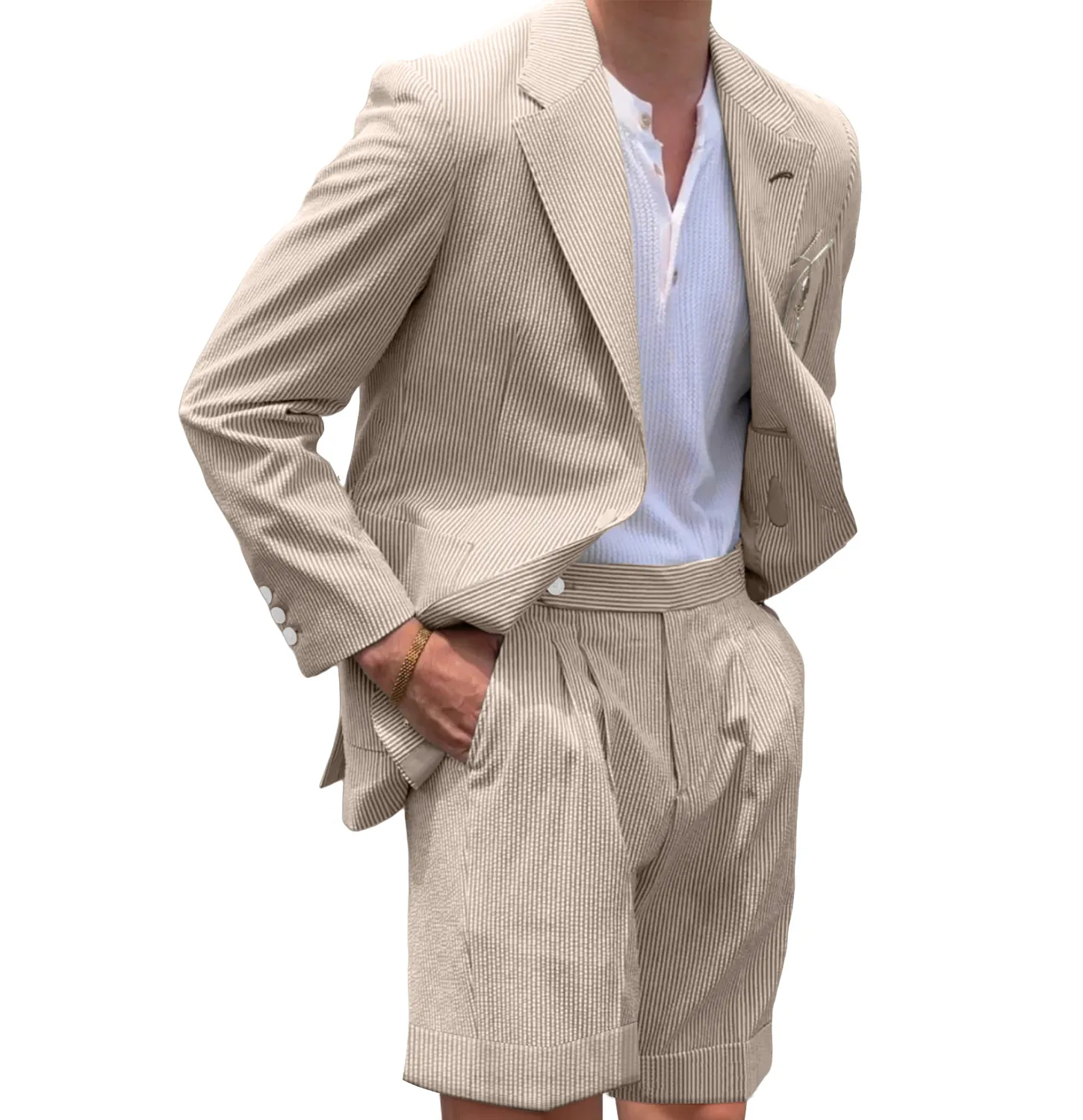 Mens Seersucker Suit With Short in Color Light Beige - Summer Fabric Casual look Mini Pinstripe