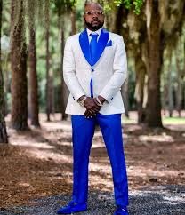 Custom crafted ivory and royal blue jacquard tuxedo jacket Blue Tuxedos