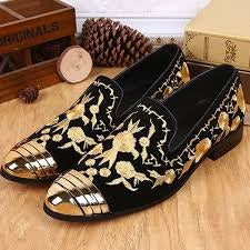 Brand Designer Men's Customized Shoes Gold Line Embroidery Genuine Leather Loafers Party Shoes Gold Prom Shoes