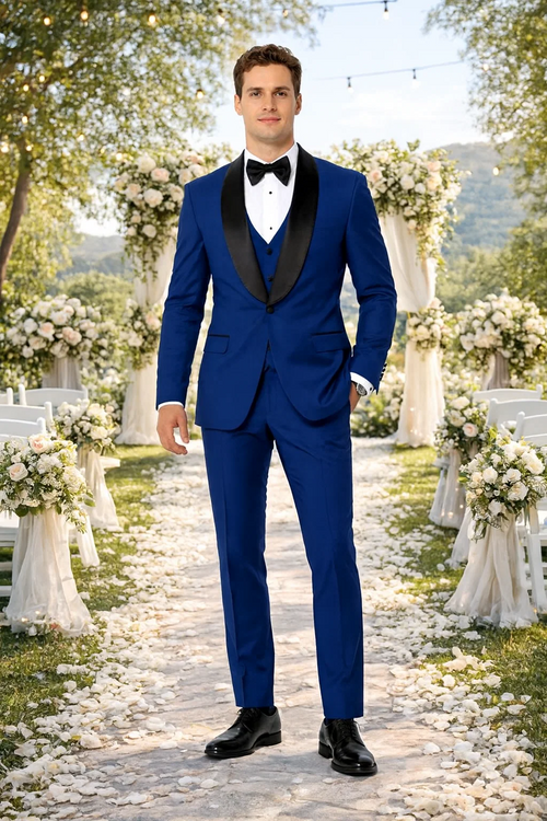 Indigo Slim Fit Tuxedo with Large Black Shawl Lapel – 3 Piece Wedding & Prom Set