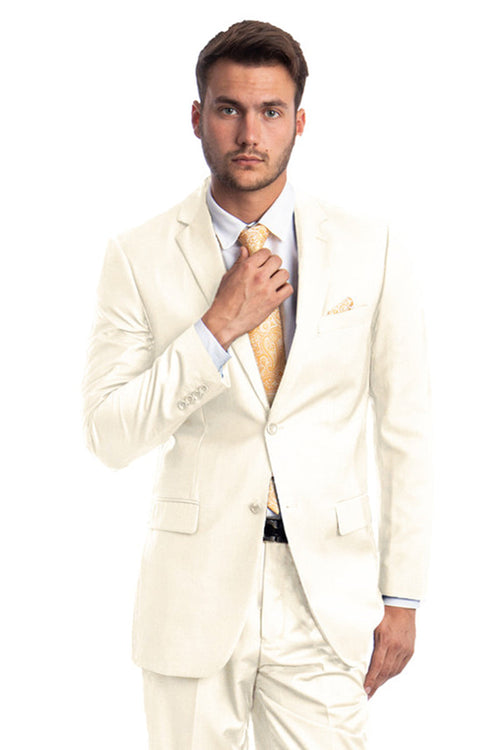 Men's Two Button Basic Modern Fit Business Suit in Off White by Demantiein