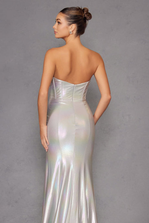 Iridescent Strapless Slit Gown by Juliet JT2579H