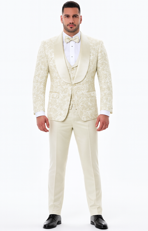 Ivory Floral Tuxedo Set with Wide Shawl Lapel – Wedding & Prom