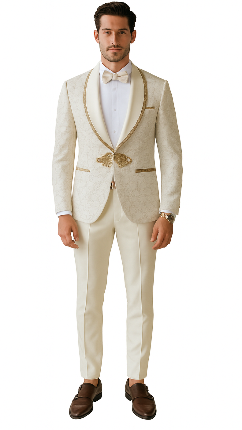 Ivory & Gold Paisley Tuxedo with Ornate Clasp – Wedding & Prom – SuitUSA