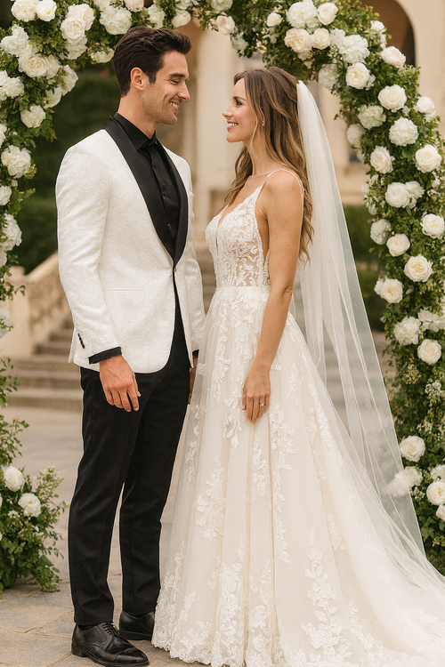 Ivory Paisley Tuxedo Jacket with Shawl Lapel β Wedding & Prom