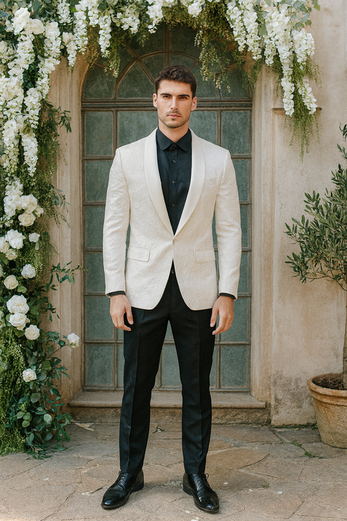 Ivory Paisley Tuxedo Jacket with Shawl Lapel β Wedding & Prom