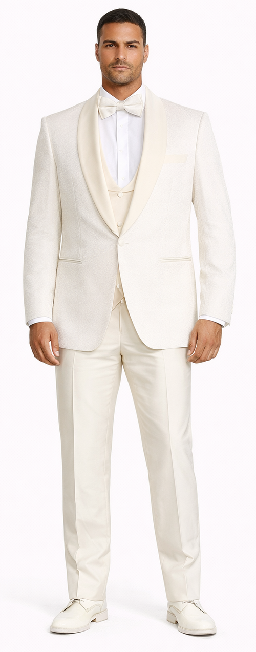 Ivory Shawl Tuxedo with Fancy Pattern Four Piece Set - Wedding - Prom