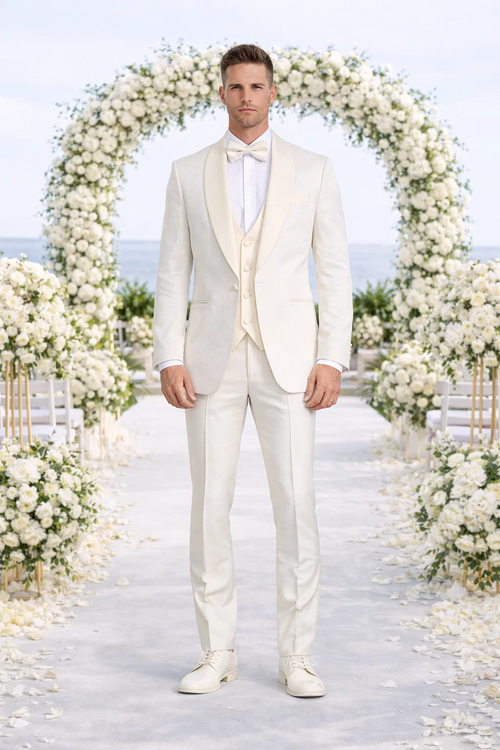 Ivory Shawl Tuxedo with Fancy Pattern Four Piece Set - Wedding - Prom