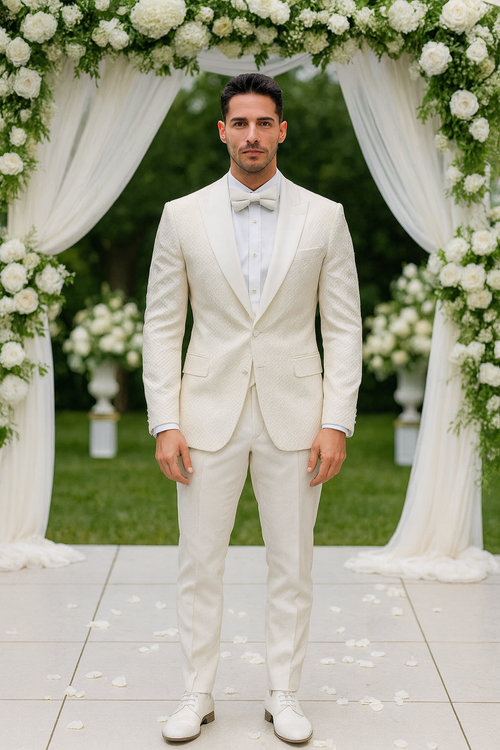 Ivory Textured Jacquard Tuxedo 4-Piece Set with Shawl Lapel β Wedding & Prom