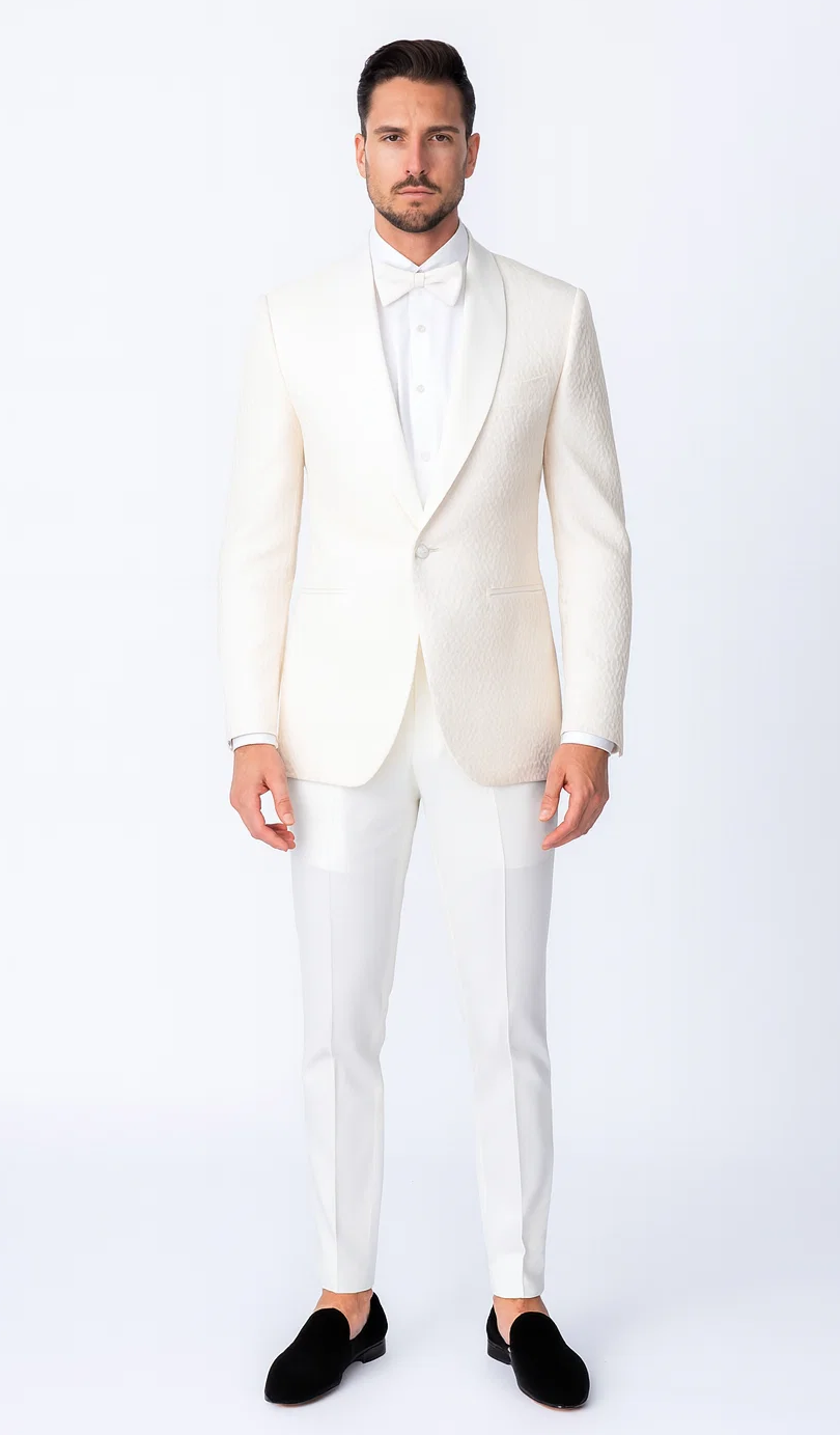 Ivory Textured Jacquard Tuxedo 4-Piece Set with Shawl Lapel – Wedding & Prom main image 1