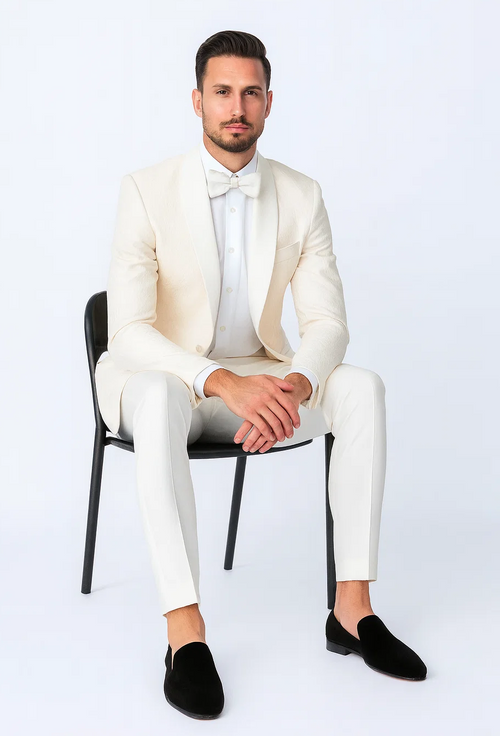Ivory Textured Jacquard Tuxedo 4-Piece Set with Shawl Lapel β Wedding & Prom