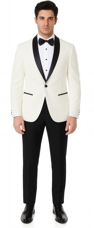 Ivory Tuxedo Jacket with Black Satin Shawl Lapel – Slim Fit