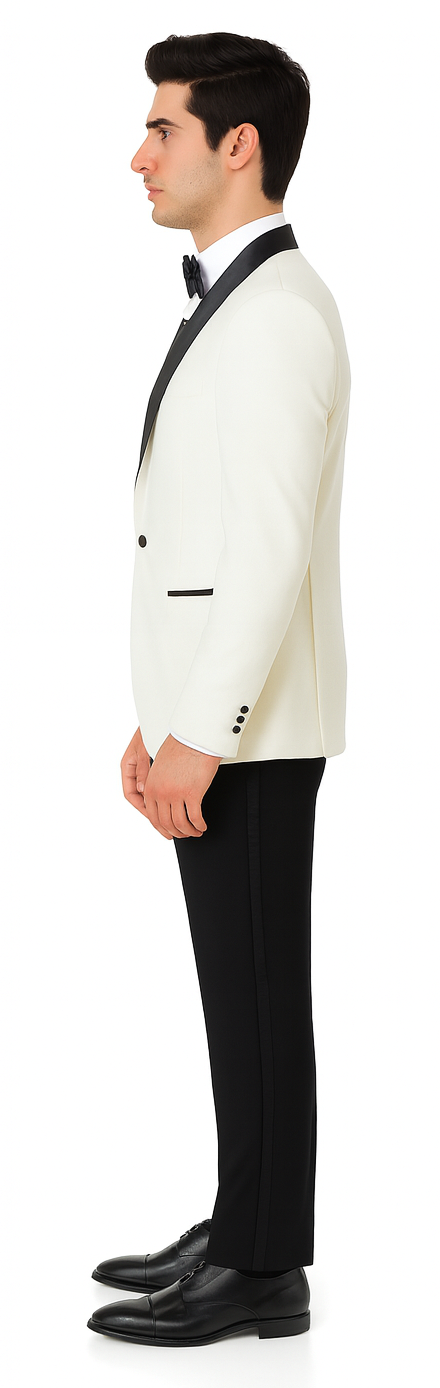 Ivory Slim Fit Tuxedo with Black Shawl Lapel – 3 Piece Wedding & Prom Set