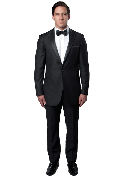 Mens Gray Tuxedo - Grey Wedding Suit-Mens Skinny Fit One Button Satin Trim Peak Lapel Prom & Wedding Tuxedo In Charcoal Grey - Men's Tuxedo USA