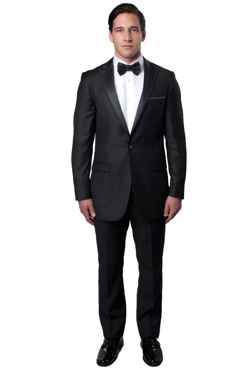 Mens Gray Tuxedo - Grey Wedding Suit-Mens Skinny Fit One Button Satin Trim Peak Lapel Prom & Wedding Tuxedo In Charcoal Grey - Men's Tuxedo USA