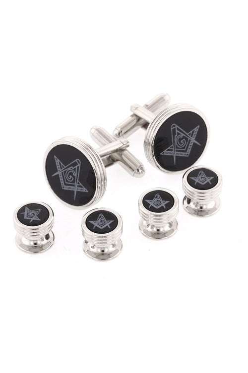 Masonic Onyx Triple Rim Silver Studs and Cufflinks Set