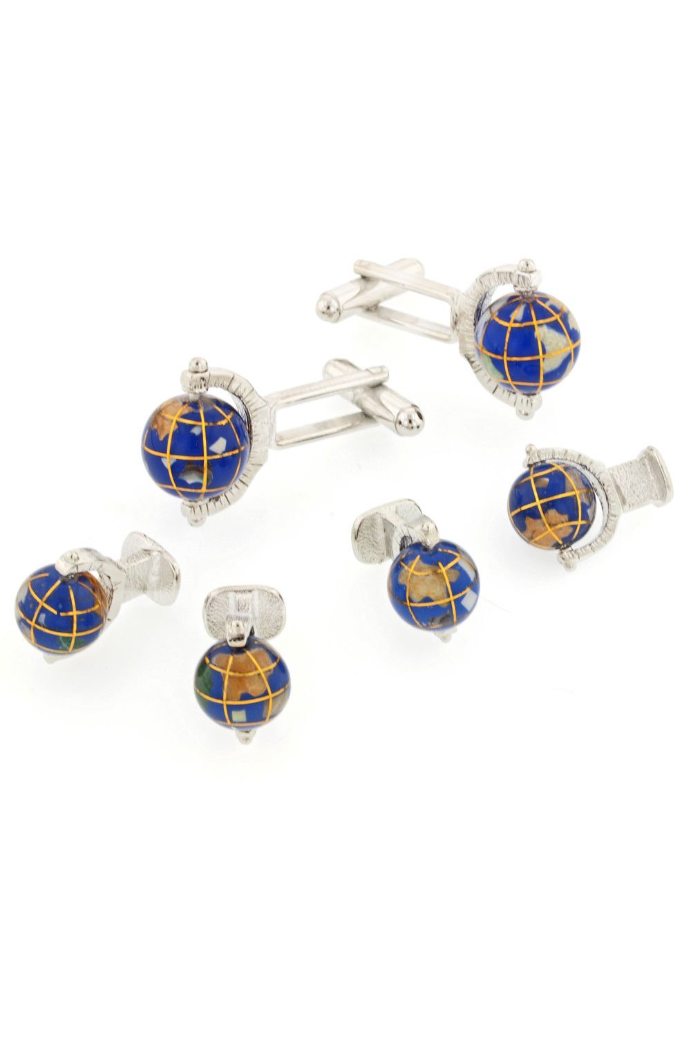 Spinning Globe Silver Studs and Cufflinks Set