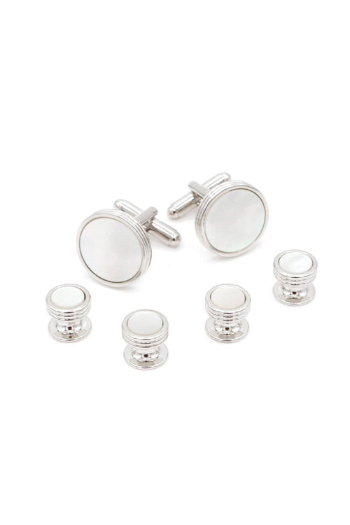 Triple Edge Mother of Pearl Silver Studs and Cufflinks Set