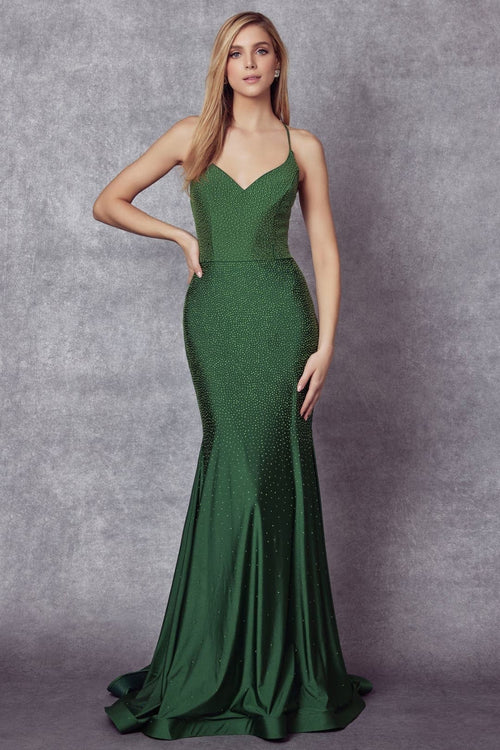 Juliet 276 Strappy Back Embellished Fitted Prom Stretchy Long Dress