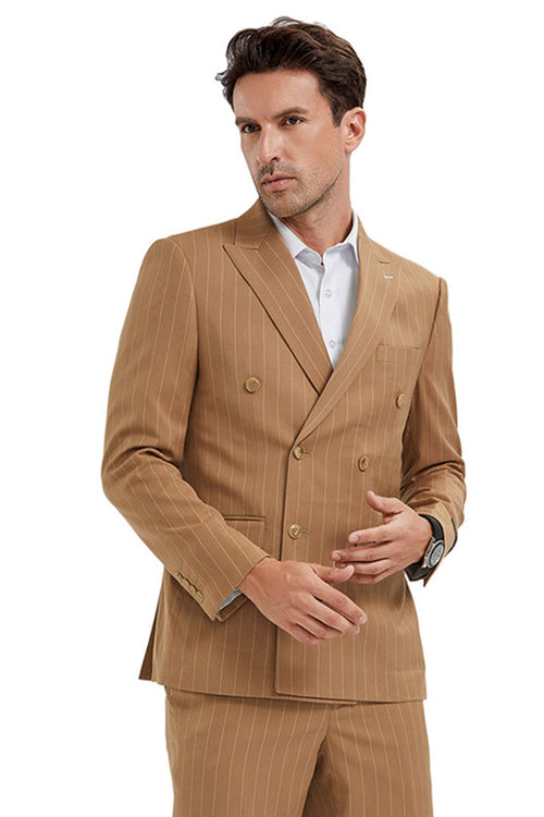 Men's Vintage Double Breasted Pinstripe Suit in Camel