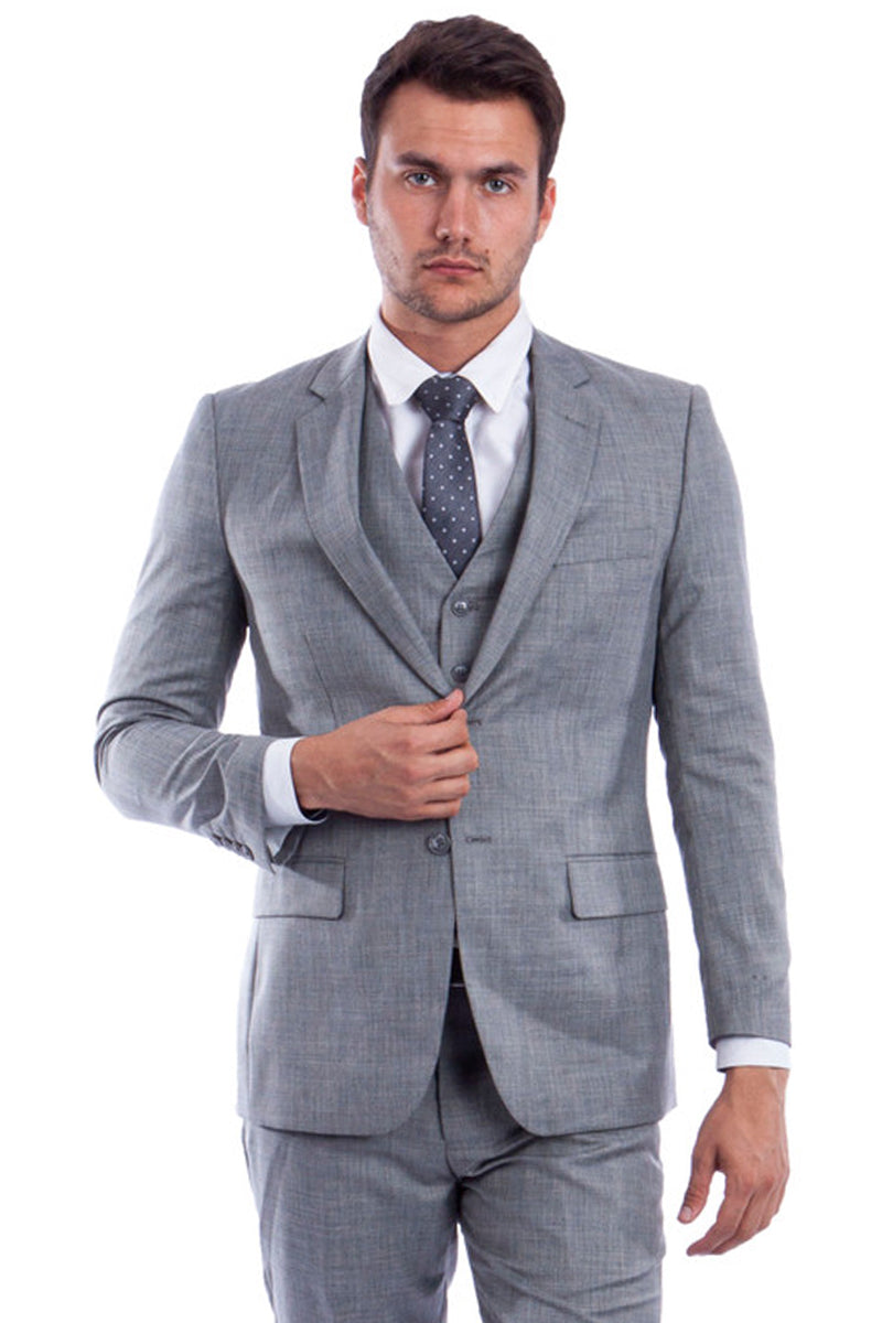 Men's Sharkskin Vested Suit in Stone Grey