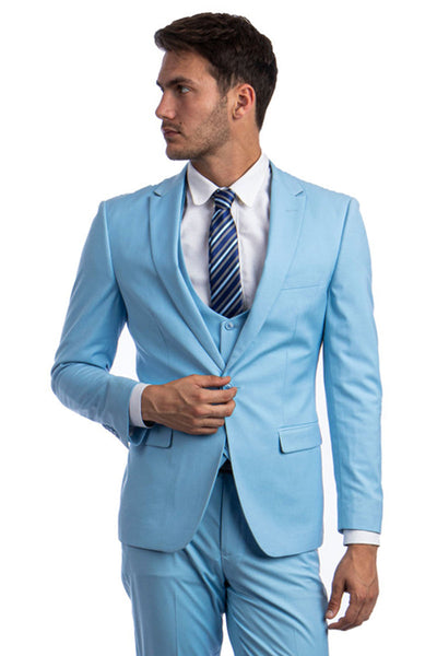 Men's Sky Blue Peak Lapel Suit with Lowcut Vested Look