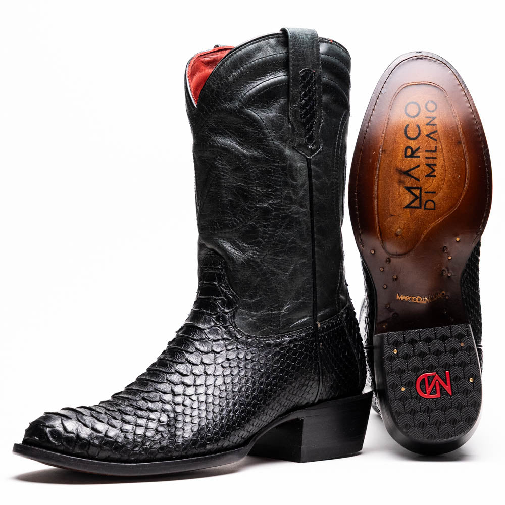 Marco Di Milano Kansas Black Python Round Toe Cowboy Boots