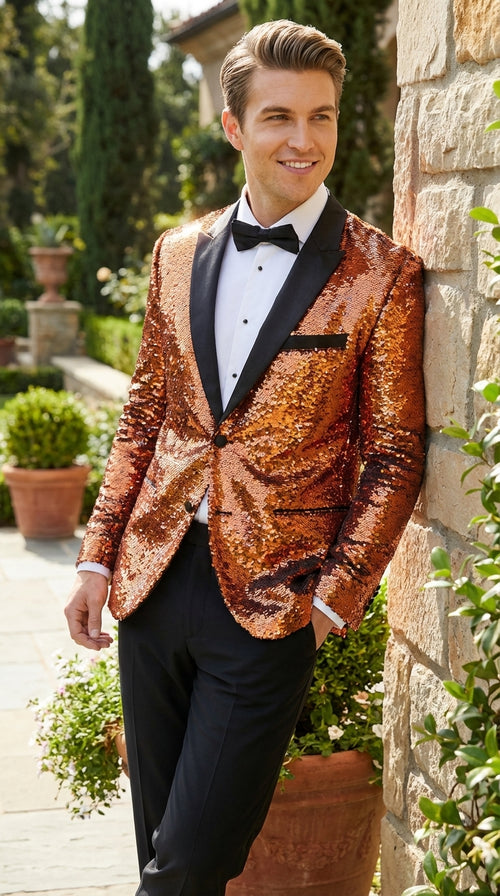 Mens Orange Sequin Blazer Tuxedo Dinner Jacket β Shiny Party Dinner Jacket with Black Lapel for Wedding, Prom, Stage Kingsman Jacket