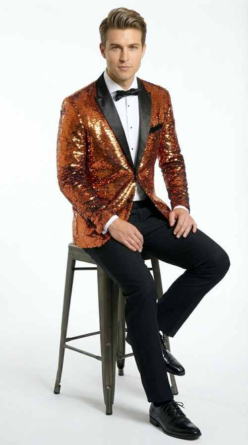 Mens Orange Sequin Blazer Tuxedo Dinner Jacket β Shiny Party Dinner Jacket with Black Lapel for Wedding, Prom, Stage Kingsman Jacket