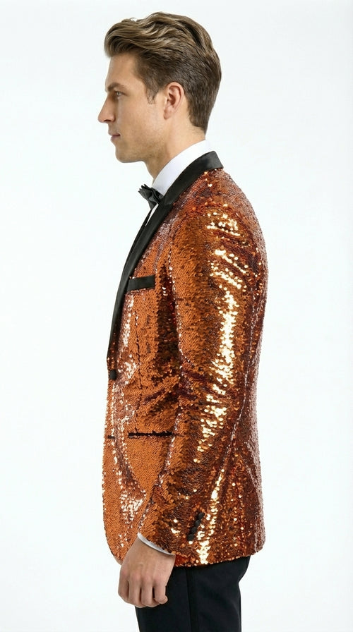 Mens Orange Sequin Blazer Tuxedo Dinner Jacket β Shiny Party Dinner Jacket with Black Lapel for Wedding, Prom, Stage Kingsman Jacket