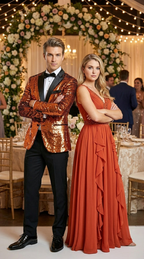 Mens Orange Sequin Blazer Tuxedo Dinner Jacket β Shiny Party Dinner Jacket with Black Lapel for Wedding, Prom, Stage Kingsman Jacket