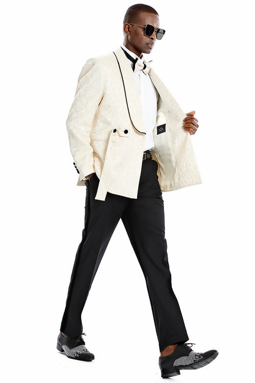 Men's Champagne Tan Paisley Slim Fit Smoking Jacket by Tazio Suits