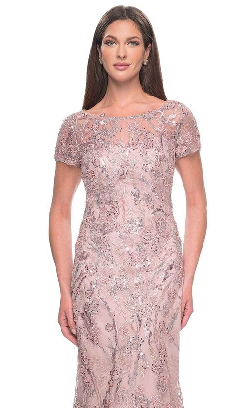 La Femme 31672 Beaded Floral Patterned Short Sleeve Evening Dress