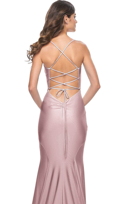 La Femme 31878 V-Neck Jersey Prom Dress Simple Wedding Guest Gown with Slit