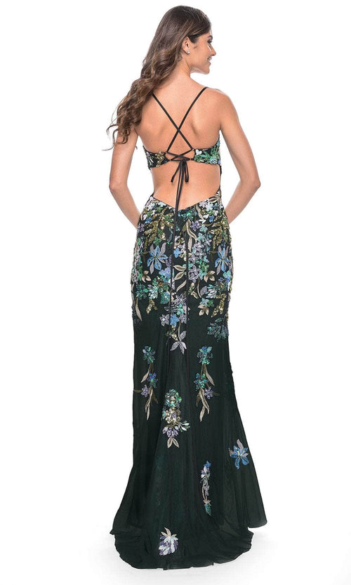 La Femme 31992 Floral Sequin Lace-Up Back Prom Gown