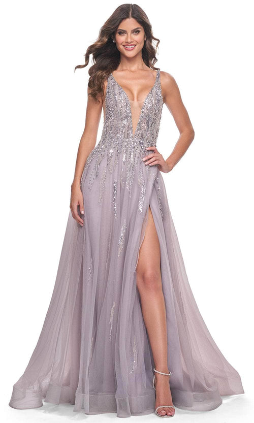 La Femme 31995 Plunging V-Neck Sequin Tulle Prom Gown
