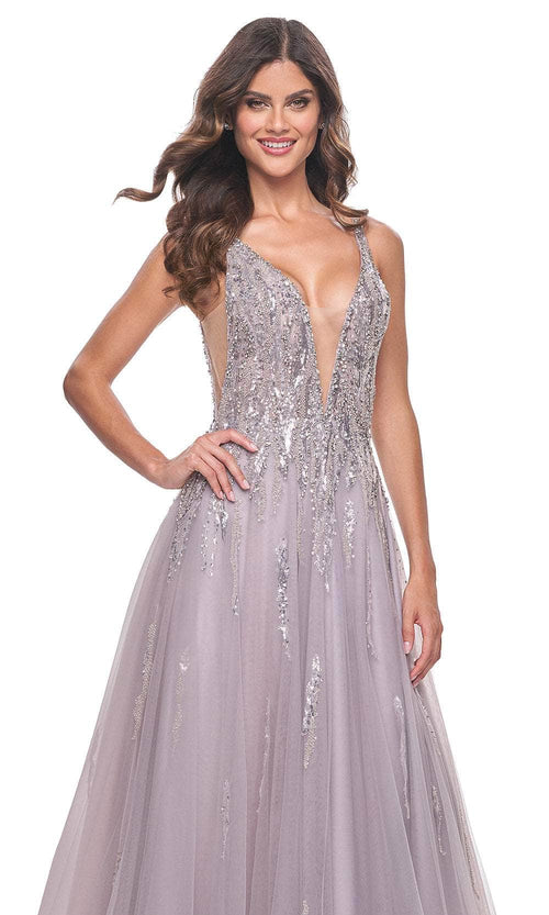 La Femme 31995 Plunging V-Neck Sequin Tulle Prom Gown