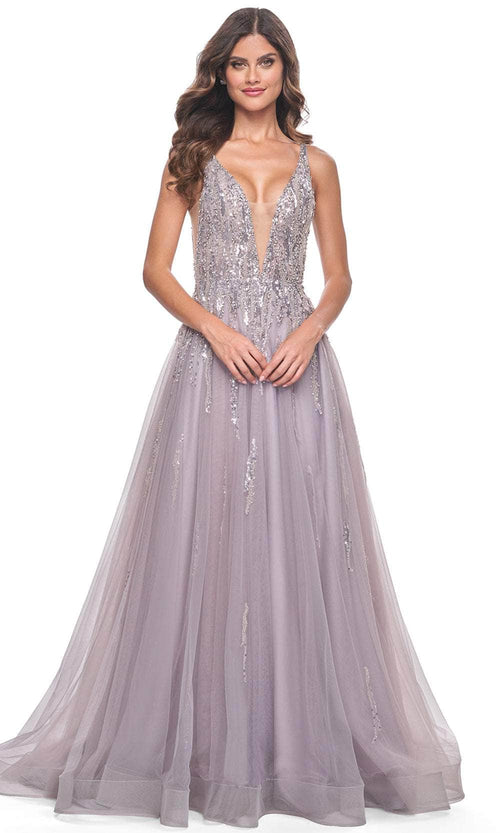 La Femme 31995 Plunging V-Neck Sequin Tulle Prom Gown