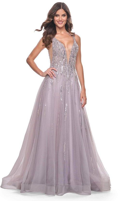 La Femme 31995 Plunging V-Neck Sequin Tulle Prom Gown
