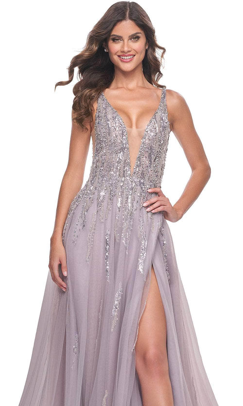 La Femme 31995 Plunging V-Neck Sequin Tulle Prom Gown