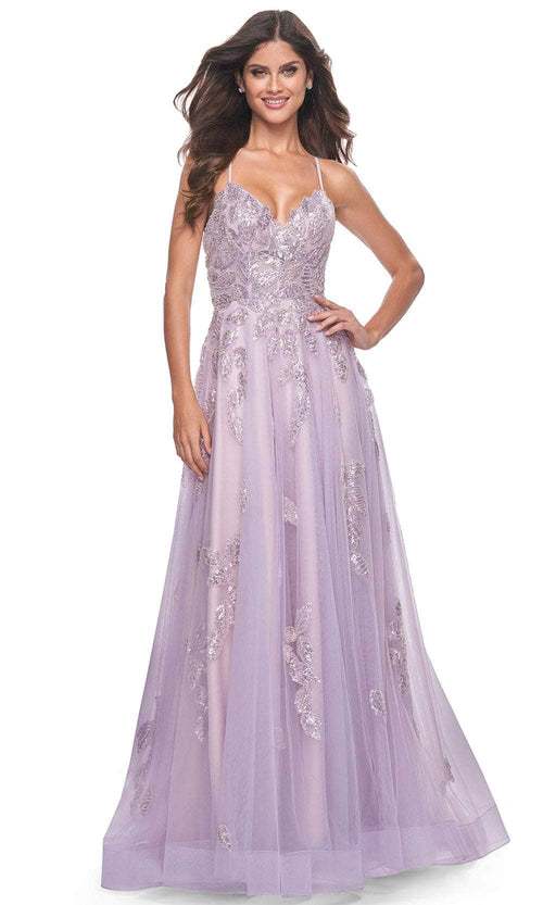 La Femme 32090 V-Neck Beaded Foliage Prom Gown