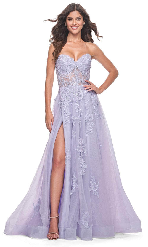 La Femme 32145 Sweetheart Appliqué A-line Prom Dress Slit Strapless Evening Gown
