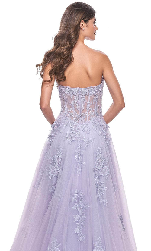 La Femme 32145 Sweetheart Appliqué A-line Prom Dress Slit Strapless Evening Gown