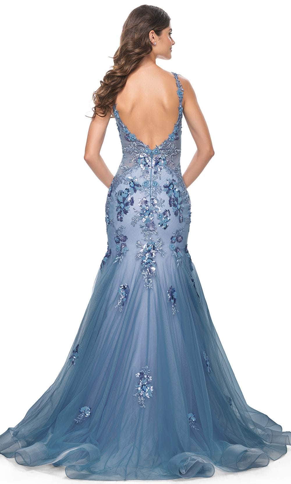 La Femme 32192 Floral Applique Open Back Prom Gown