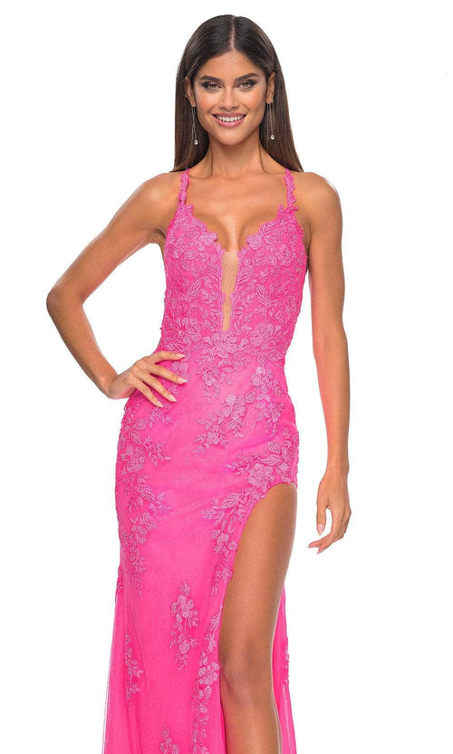 La Femme 32205 Embroidered Plunging Neckline Prom Gown