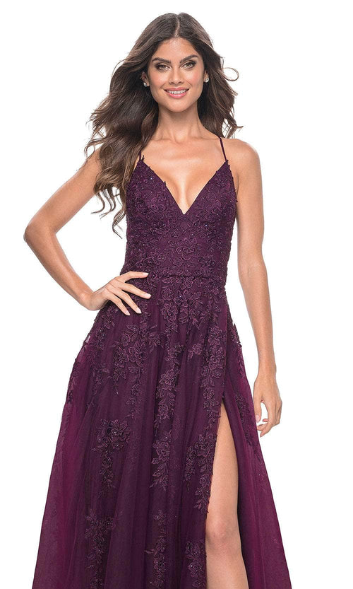 La Femme 32303 V Neck Embroidered Tulle Prom Gown