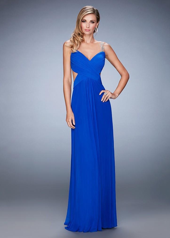 La Femme 22304 Ruched V-Neck Column Evening Gown