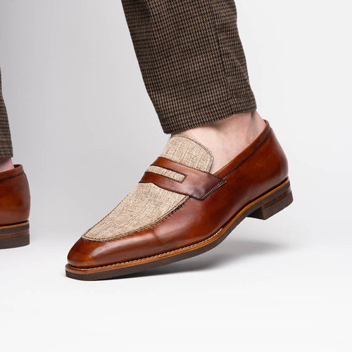 Zelli Lago Hand-Burnished Calfskin & Linen Penny Loafers in Cognac